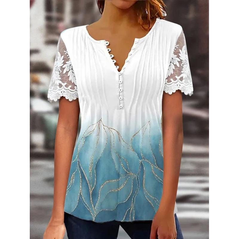 Sommer Neue Blumendruck Beiläufige Lose Blusen Frauen Mode Elegante Vintage Rüschen Spitze Kurzarm Shirts für Frauen Rundhals Slim Fit tops 26515