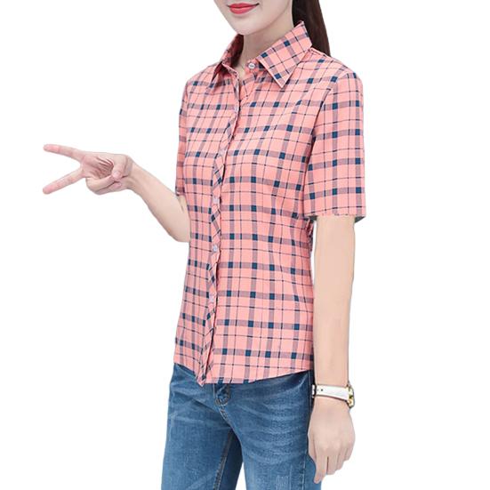 Women Shirt Flower Plaid Pattern Regular Style Shirt Buttons Placket Casual