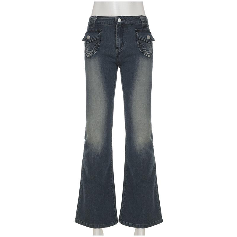 

Винтажные расклешенные джинсы Y2k, повседневные джинсы на пуговицах со средней талией, брюки из денима в стиле Харадзюку 2000-х годов, базовые эстетические хлопковые брюки 2025 года, весна-осень L темно-синий