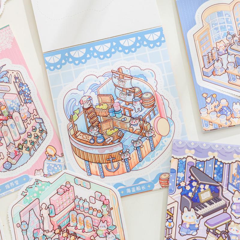 24Pcs/Bag Zoo Small Class Meow Wow Wonderland Series Scenery Sticker Book Three-Dimensional Scene Miniature Sticker Handbook Diy