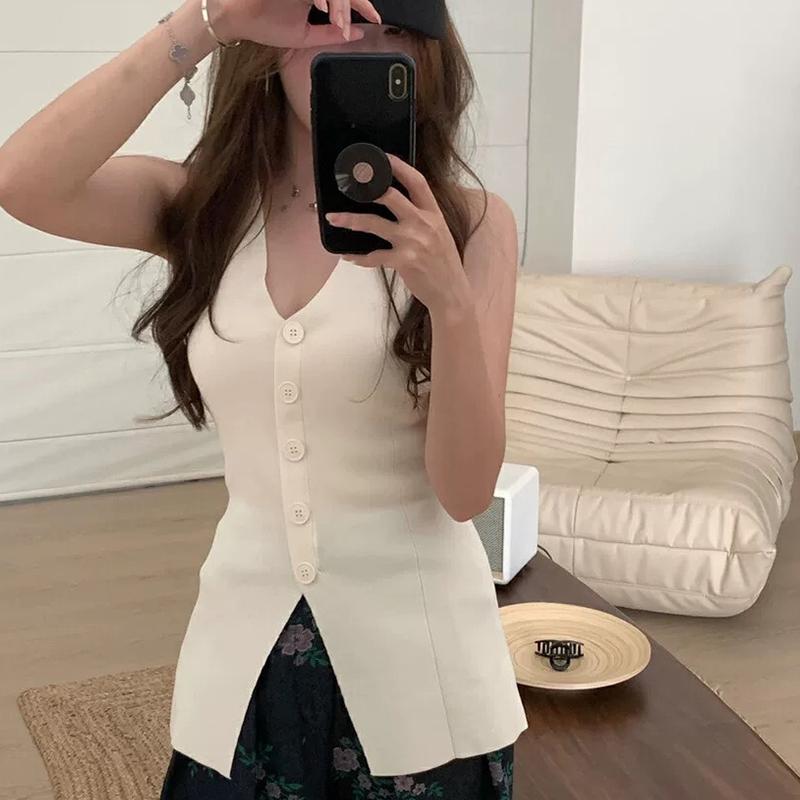 

Summer Women S Sexy Solid Color V-Neck Single-Breasted Sleeveless Slim Knitted Vest білий