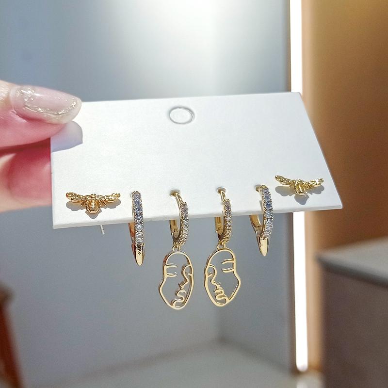 ANENJERY Hohler Gesicht Anhänger Creolen Nieten Biene Golden 6 Stück/Set Ohrringsets