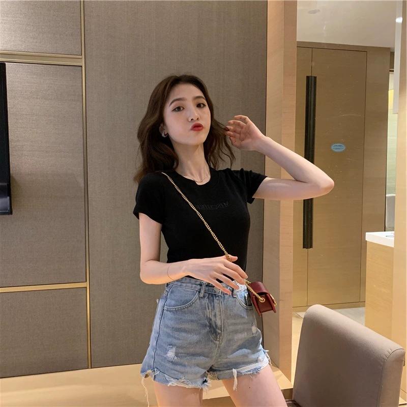 Summer Letter Embroidery Slim Short-sleeved T-shirt Female Student Blouse Women's Clothing