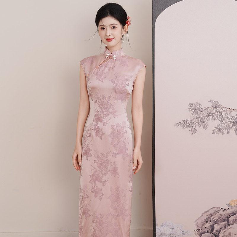 Pink Sleeveless Modern Chinese-Inspired Long Cheongsam Dress Women 2026 Daily Wear Small