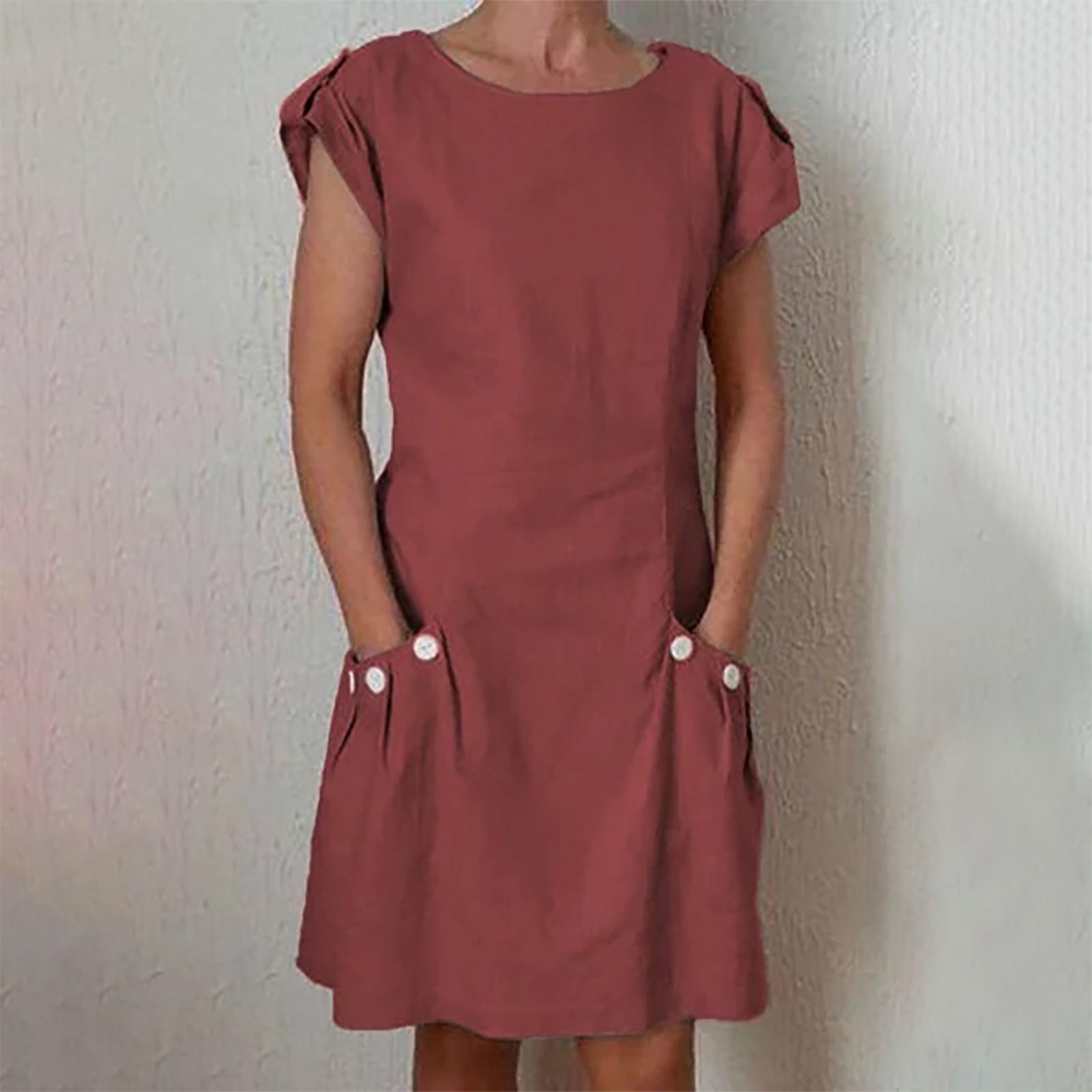 Women s Cotton Linen Color Loose Round Neck Short Sleeve Pockets Dress M винный