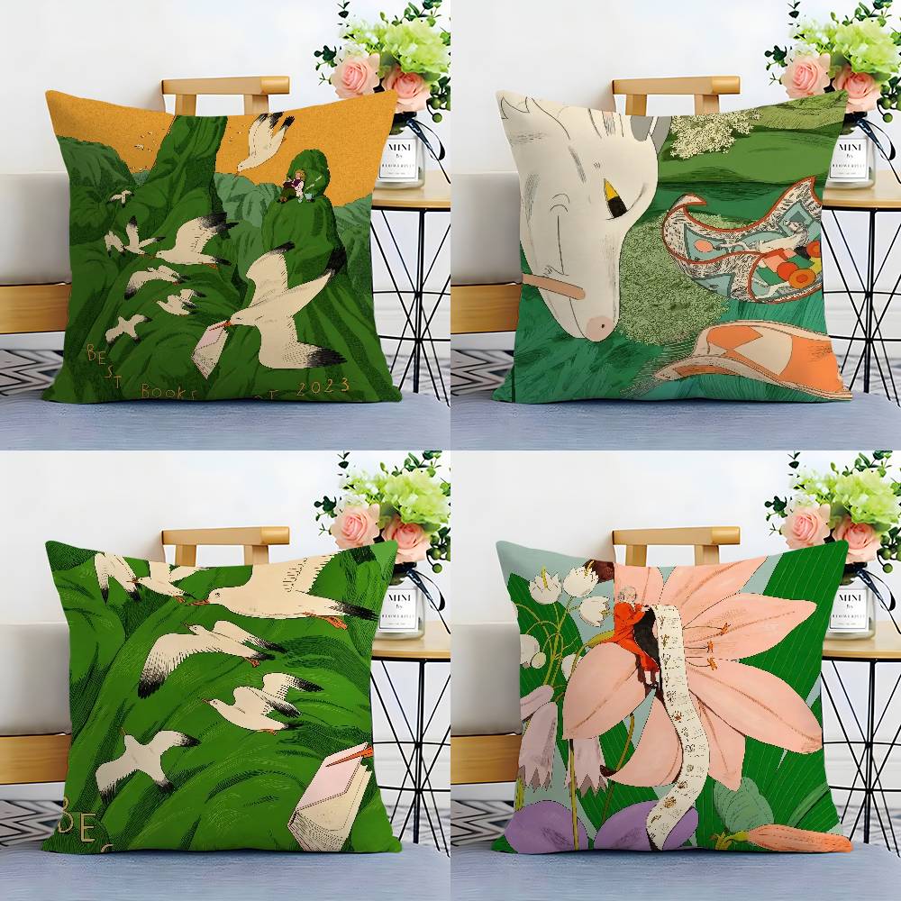 Green Illustration Advanced Pillow Case Home Double-Sided Printing Short Plush Colorfast Microfiber Cushion Cover