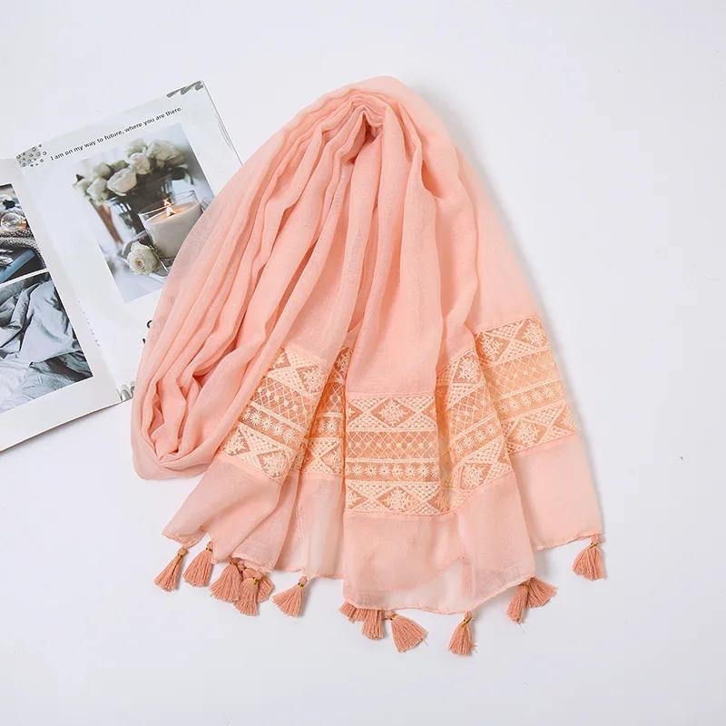 Women Fashion Plain Lace Floral Patchwork Viscose Shawl Scarf Luxury Brand Laser Cut Long Size Bufandas Muslim Hijab Wrap Snood