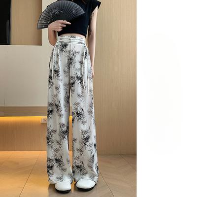 Pantaloni largi cu picior de mătase de gheață pentru femei, vara, talie înaltă, căzuți, vopsiți prin cerneală, noi pantaloni Zen chinezești, leneși, casual, cu protecție solară pentru podea