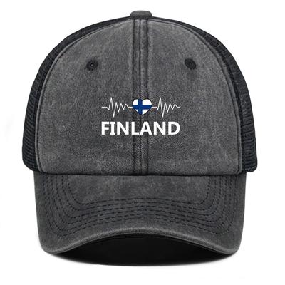 Heart Waves Finland Flag Print Adjustable Mesh Cap, Patriotic Flat Cap Unisex Vintage Lightweight Fit Adjustable Baseball Cap