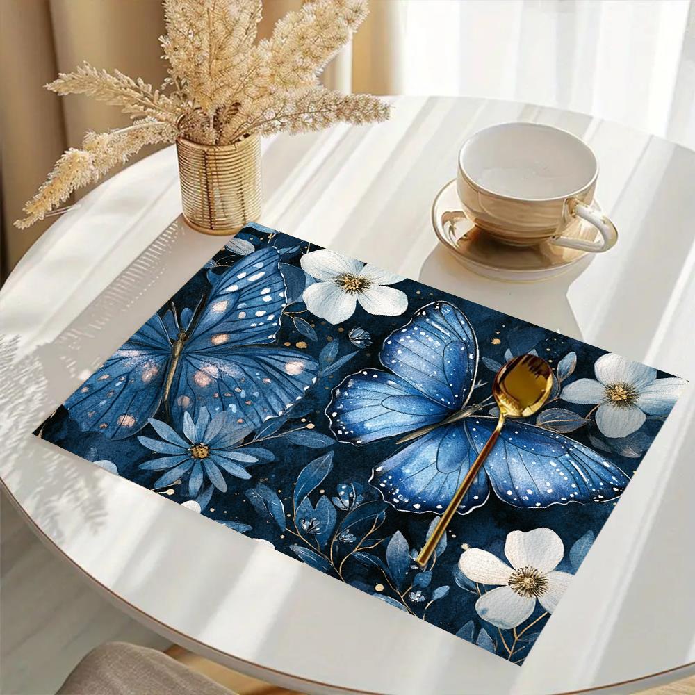4pcs Blue Butterfly & Floral Placemats 12x18 Inch - Elegant Dark Blue Table Mats with White Flowers & Butterflies, Durable Polyester Fabric