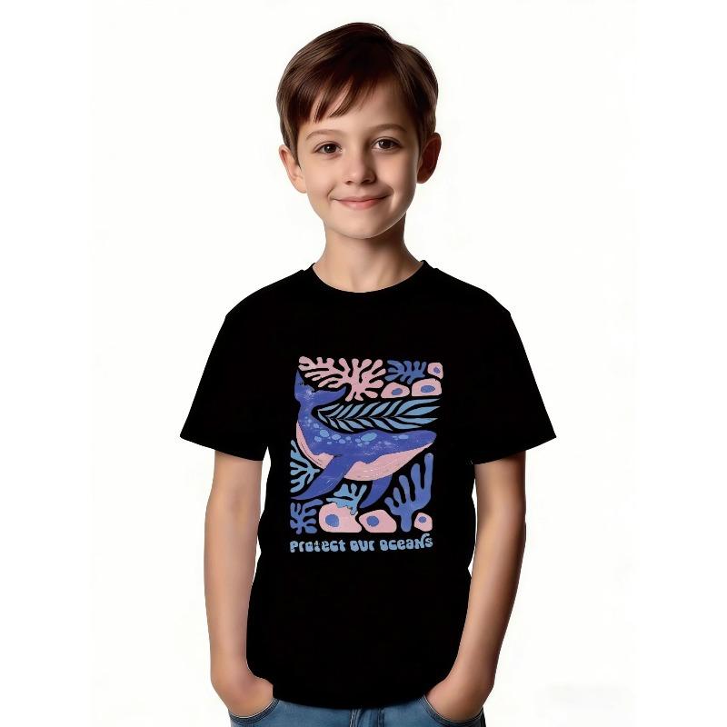 European sizes Protect Our Oceans Whale Print Soft Comfortable Breathable Skin-friendly Casual Short-sleeved T-shirt Trendy Summer Kids' Top
