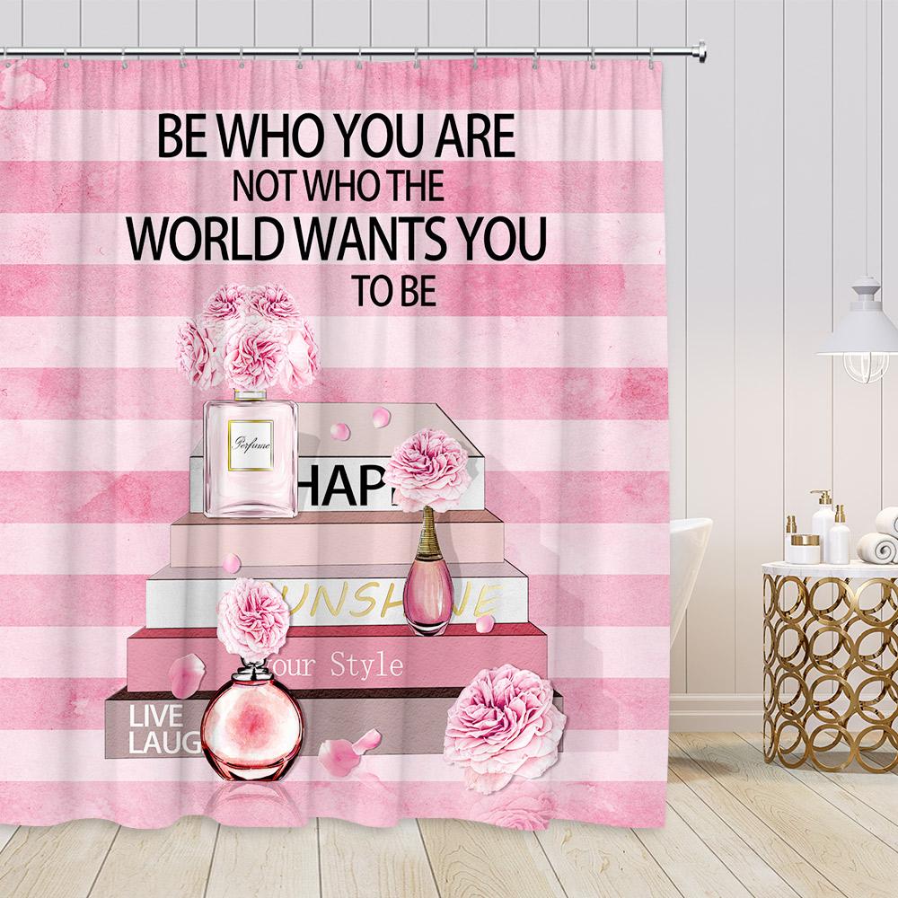 Pink Perfume Shower Curtains Cosmetics High Heels Flowers Black White Stripes Bathroom Decor Girl Fashion Vintage Bath Curtain