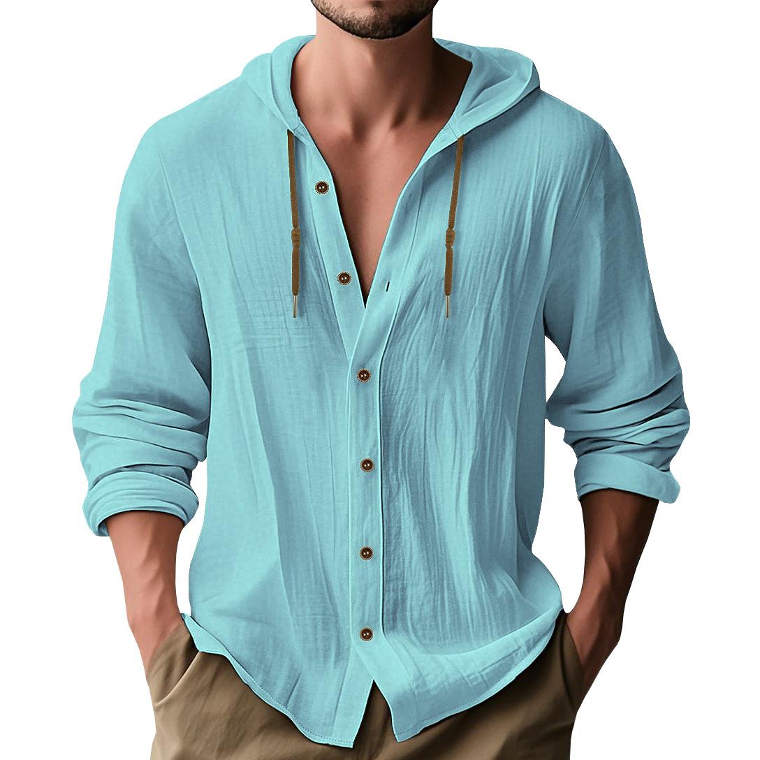 

Cotton and linen men s sports casual long-sleeve shirt with hood, fashionable, high-quality, trendy and versatile XXXL небо синє кольору