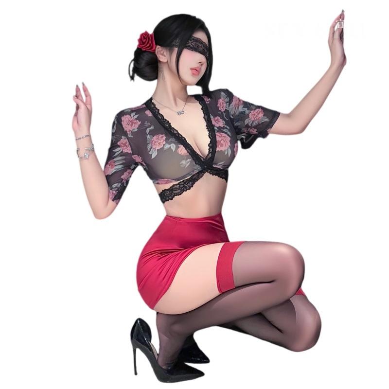Yiyue erotic underwear sexy rose print secretary hip skirt women's nightclub pure desire flirting uniform set 1181