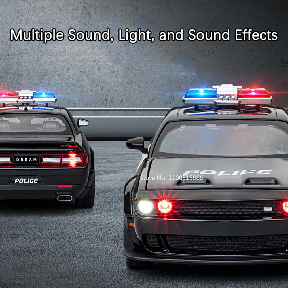 1:22 Alloy Diecast Challenger SRT Hellcat Police Cars Model Toys Demon Eyes 4 Doors Opened with Sound Light Toy Vehicle for Boys