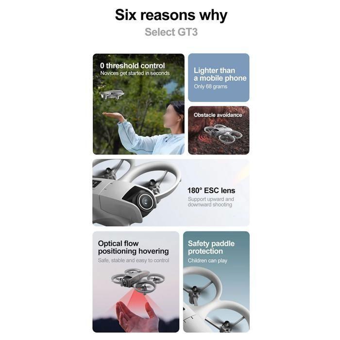 Mini drone - BYTELIKE - Double caméra 4K - Évitement d'obstacles - Autonomie 6 min - Léger gris