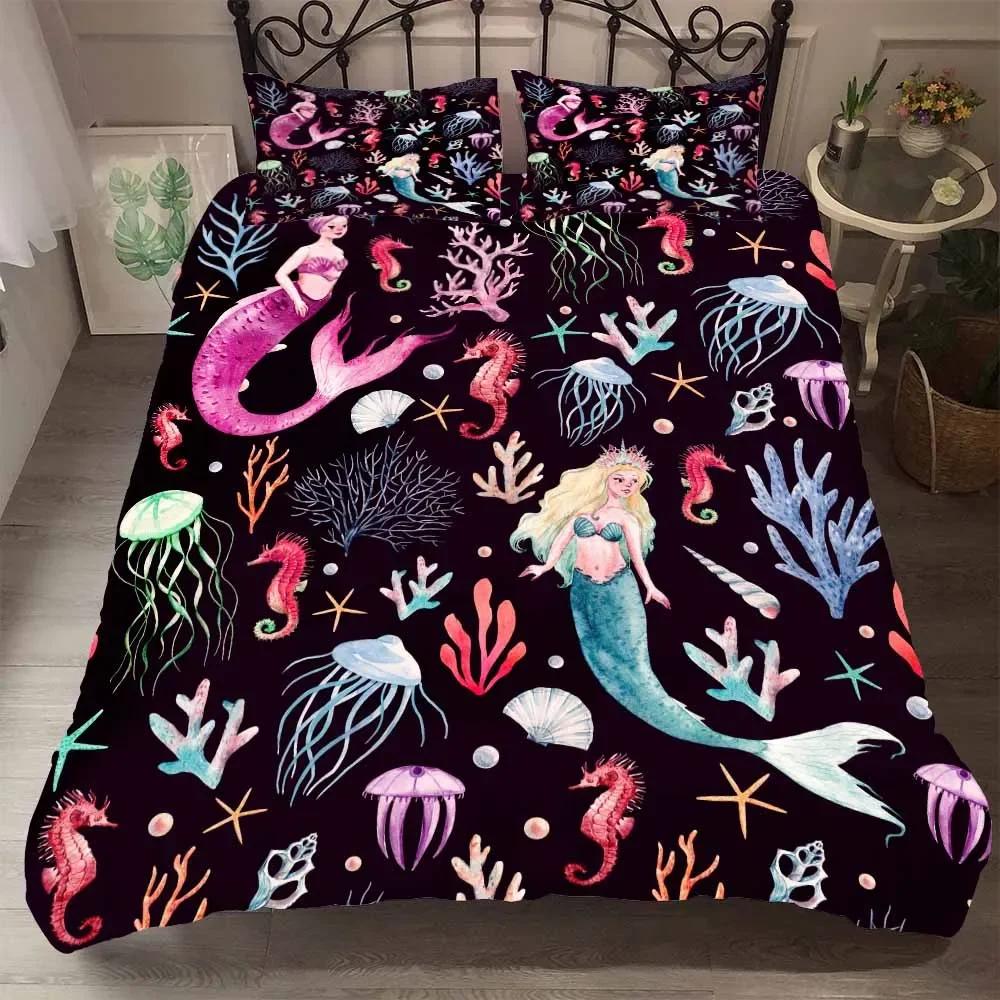 Print JellyfishUnicorn 2/3Pc Single Kids Black Cartoon Bedding Set Duvet Set With Pillowcases Mermaid Princess Bedset Twin Size