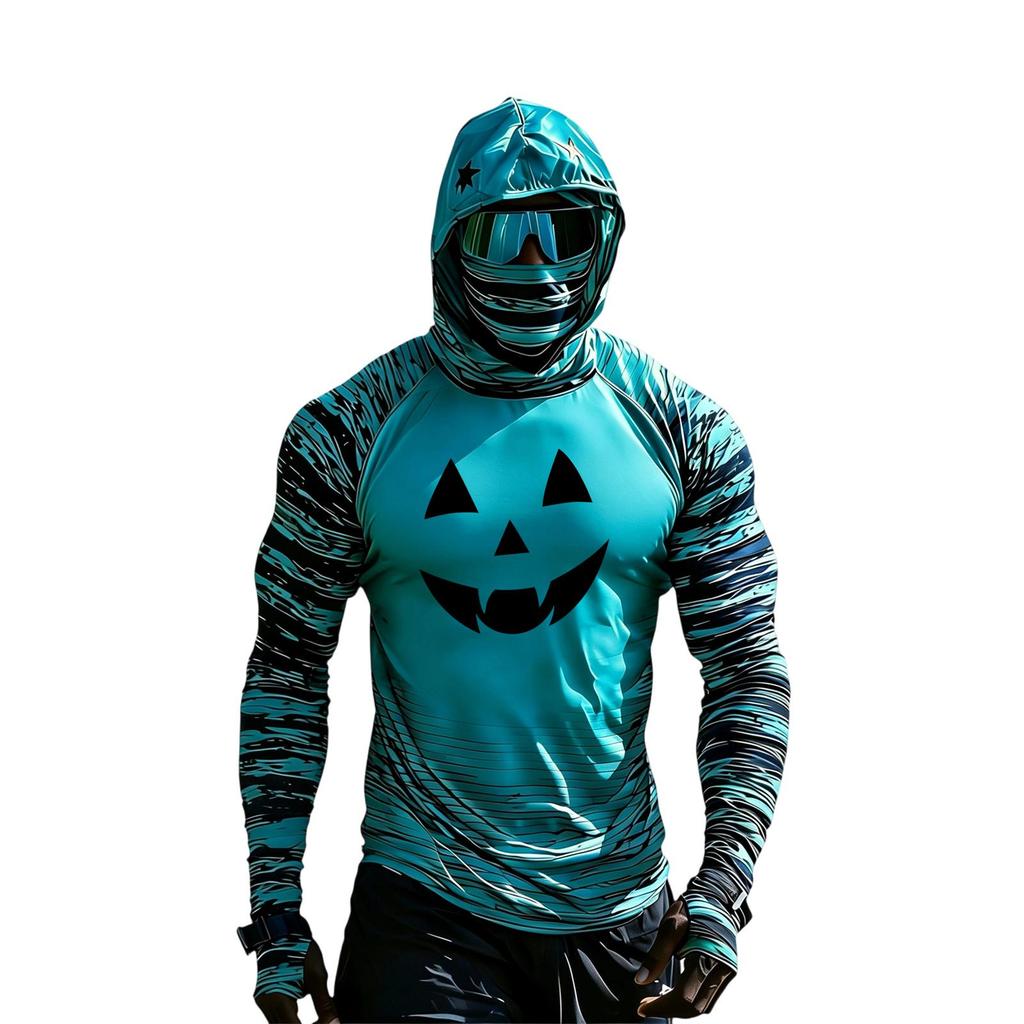 Men's Casual Long Sleeve Hooded Raglan Sun Top with Colorblock and Halloween Print
