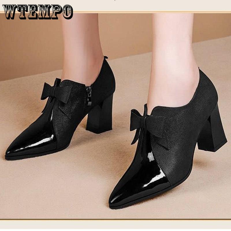Chaussures en cuir noires à talons hauts de 4CM, bottes en cuir pointues à talon épais pour femmes, décoration papillon, chaussures de travail de tempérament et de mode