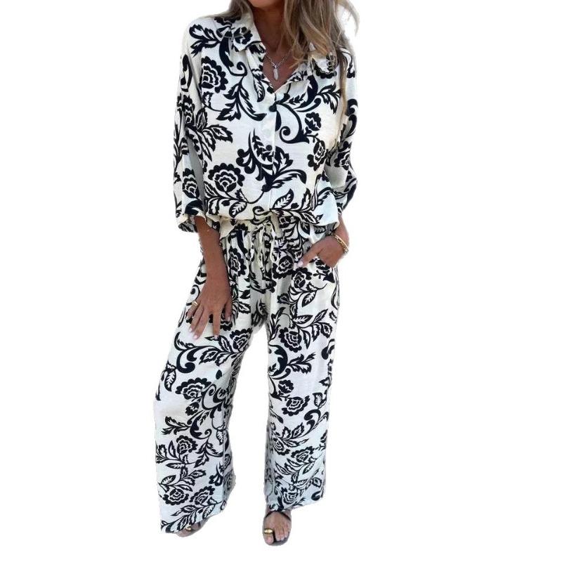 New Arrival Women's Casual Printed Three-Quarter Sleeve Two-Piece Set (Shirt and Pants)