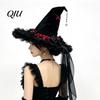 Abbigliamento a Tema Halloween Cappello da Strega per Donna, Grande Mago Nero in Velluto con Accessori per Costume Rete da Donna con Bordi Arricciati Costume per Adulti, Cosplay