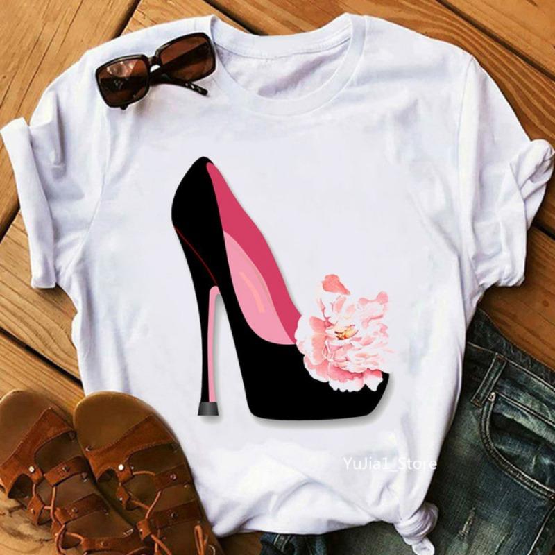 Estive Plus Manica Corta Tacchi Alti Stampate Puro Cotone Ampie Girocollo Manica Corta Scarpe T-Shirt Donna