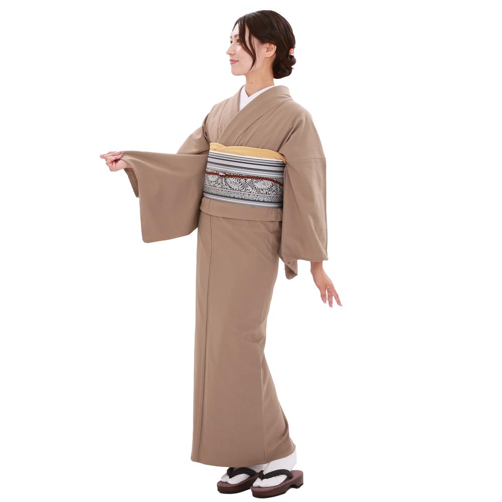 Kyoto Kimono Yuzen Washable Kimono, Stretch, Solid Color, Simple, Single-Layer Kimono, for Adults, Women, M and L Sizes, Ready-to-Wear (Mocha, M)