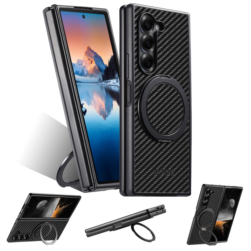 Carbon Firber Leather Flip Phone Case for Samsung Galaxy Z Fold 7 6 5 Magnetic Charging Hardware Ring Bracket Protective Cover
