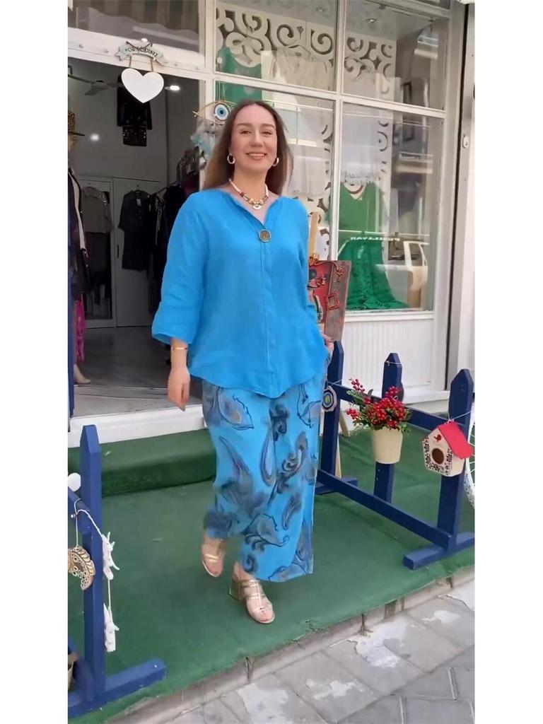 2024 Fashion Women's Cotton Linen Two-Piece Set: Loose Long Sleeve Top & Casual Print Pants