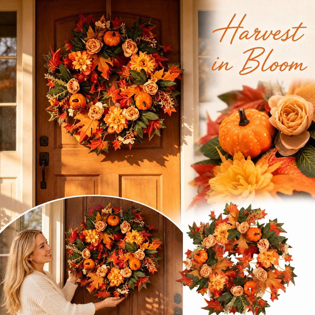 Artificial and Pumpkin Wreath for Thanksgiving Fall Door Decoration