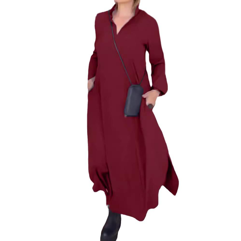 European and American Solid Color V-Neck Satin Long-Sleeve Pocket Dress