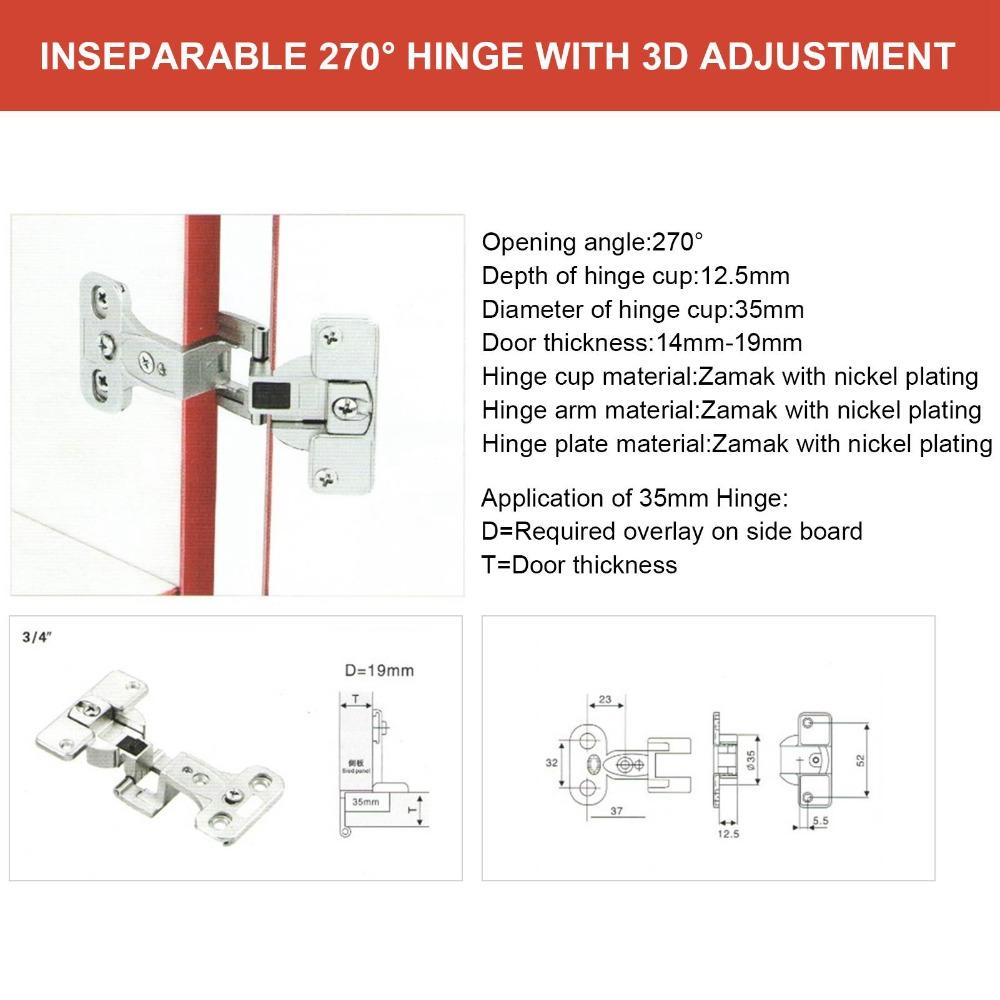 2 pcs Zinc Alloy 270 Degree Cabinet Hinge  for Wardrobe, Kitchen Cabinet, Bathroom Vanity
