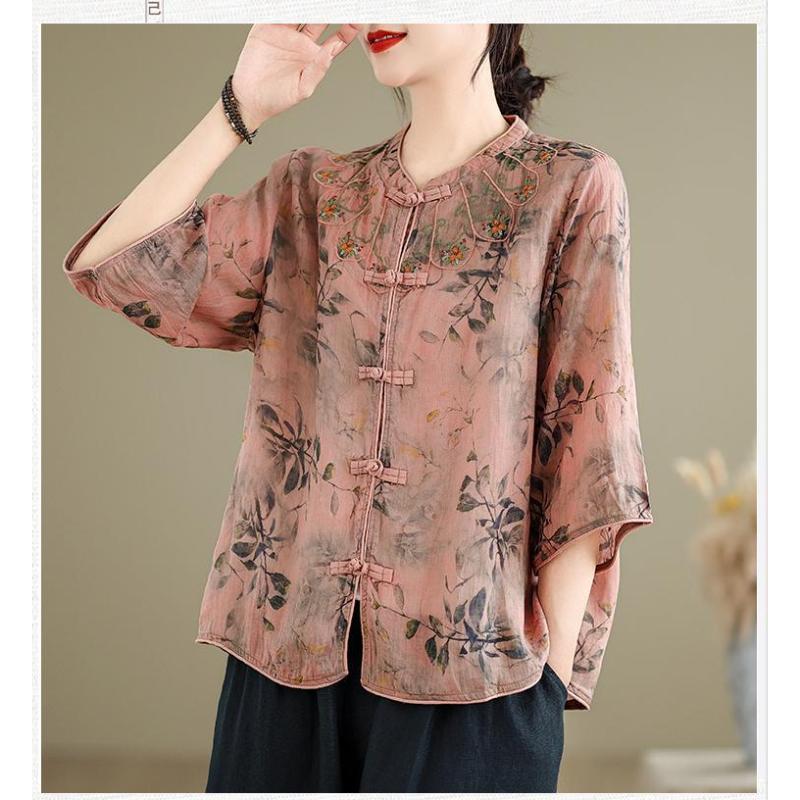 Women's New Stitched Stand-up Collar Button Print Fashion Loose Versatile Casual Shirts