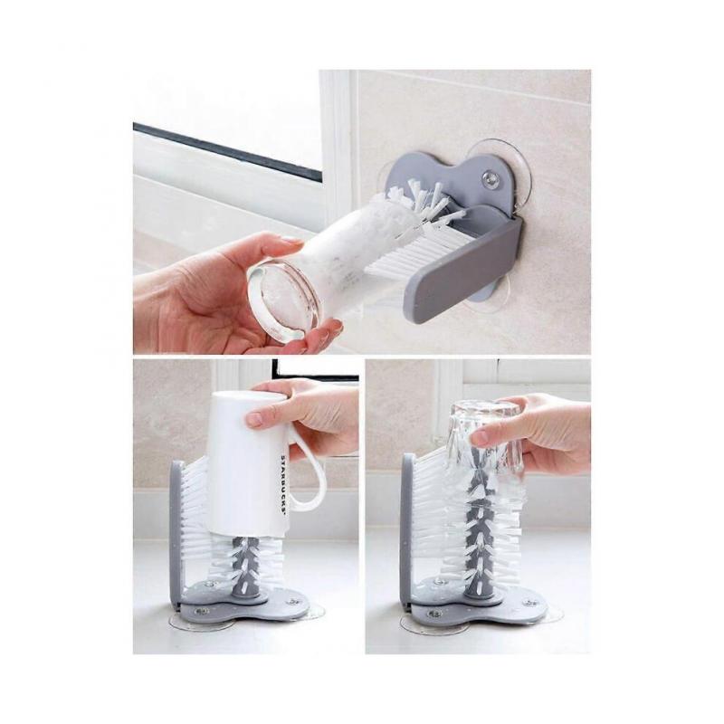 Vertical Glass Washer with Suction Cup, Double-sided Brush Scrub, Mug Kettle Decanter Bottle Washer