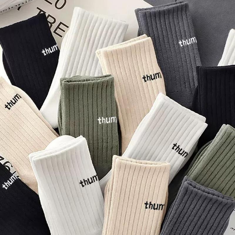 5/10 Pairs Men Letter Printed Solid Color Mid Tube Socks Sweat Absorbing Breathable Soft Comfortable Couple Casual Socks