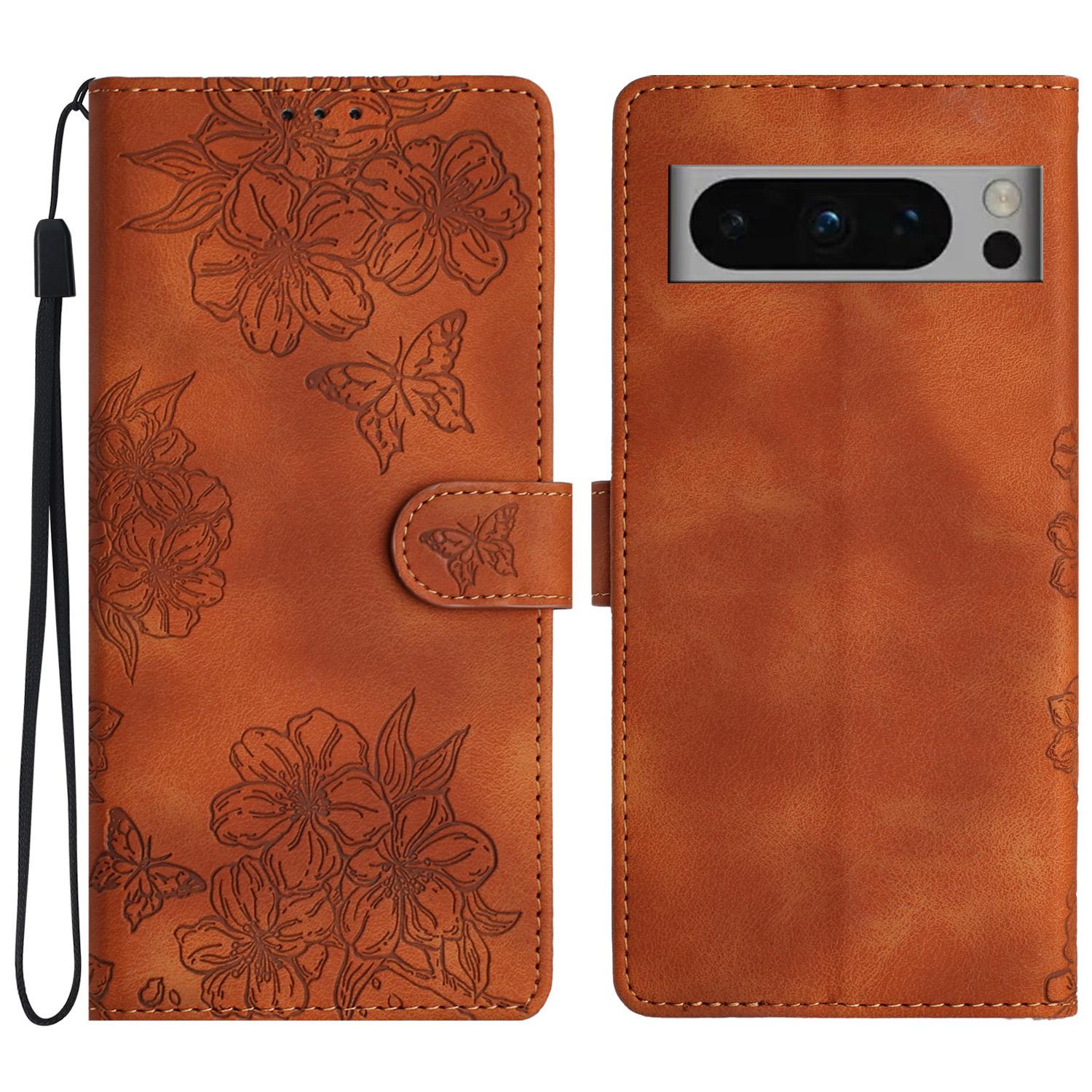 

For Google Pixel 8 Pro Case PU Leather Flip Protective Phone Cover Imprinted Butterfly Flowers Brown