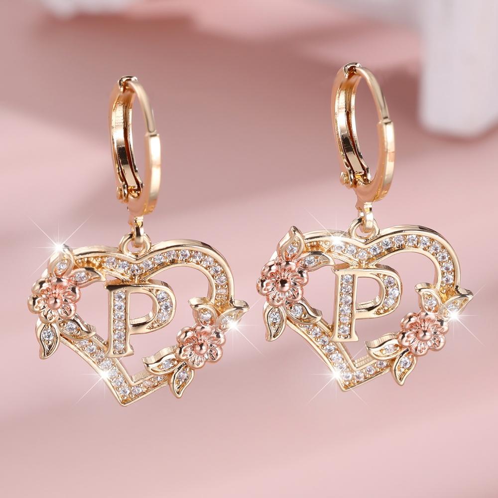 A-Z 26 Buchstaben Damen Herz Blume Creolen Vintage Goldfarbe Weiß Zirkon Hochzeits Schmuck Für Frauen