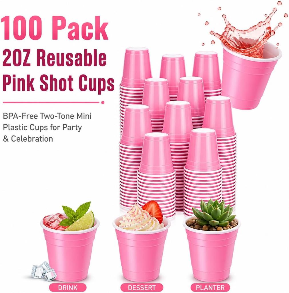 2 Oz Plastic Shot Glasses 100 Pack - Disposable Mini Tasting Cups for Wine Sampling, Clear Shatterproof Party Cups for Weddings, Events, Catering