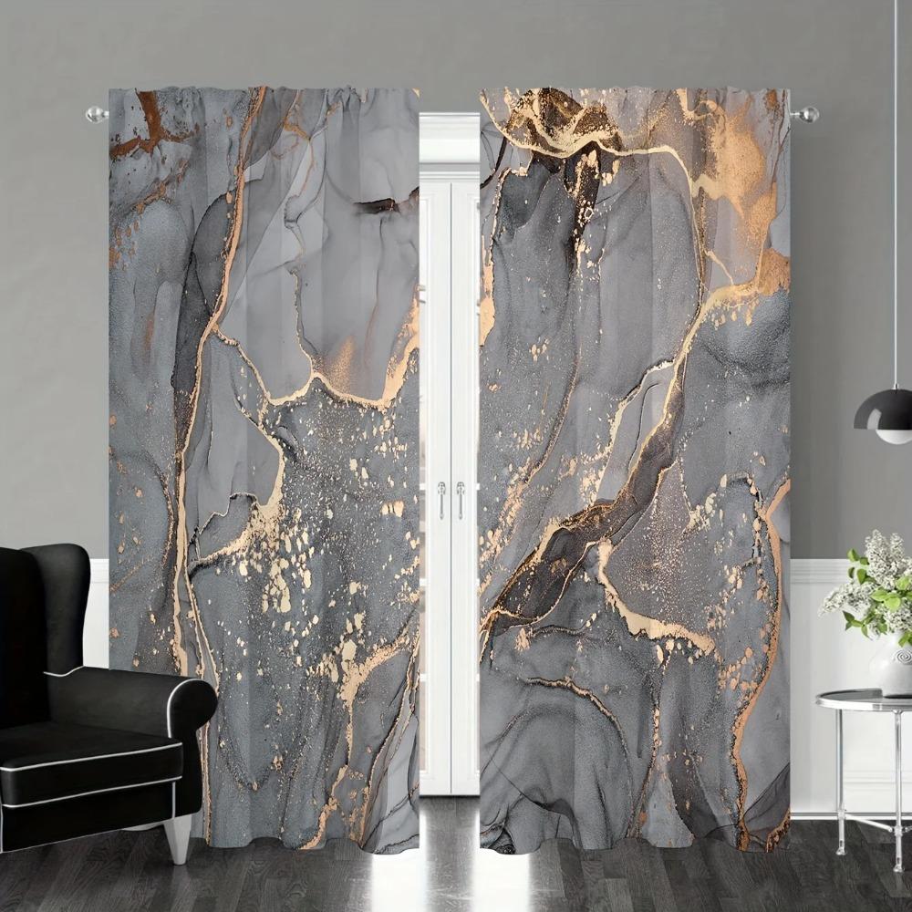 2pcs Modern Abstract Art Gray Golden Marble Printed Window Curtain For Bedroom Office Kitchen Living Room Rod Pocket Cortinas
