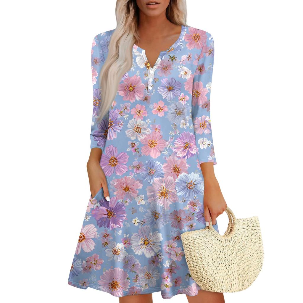 Women's Fashionable V-Neck Button Seven Part Cuff Pocket Floral Dress