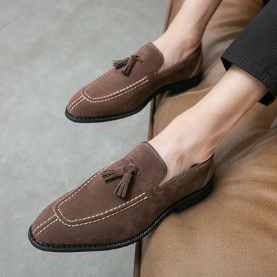 New Pointed Toe Brown Brown Purple Suede Leather Tassels Flat Shoes For Men Wedding Dress Prom Groom Homecoming Zapatos Hombre