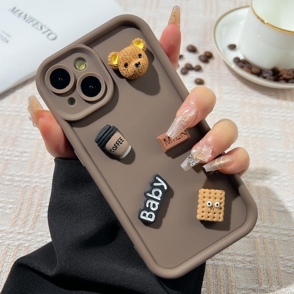 Korean Cute Cartoon 3D Coffee Bear Phone Case For iPhone 11 Case iPhone 13 12 14 16 15 Pro Max XR XS 7 8 Plus SE Soft Cover