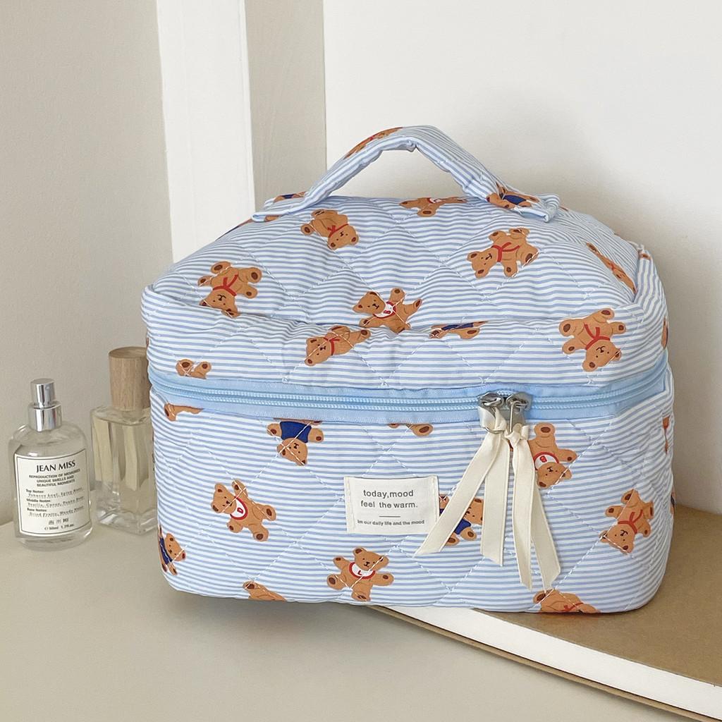 Blue Striped Bear Cosmetic Bag With Quilted Storage For Daily Use And Travel