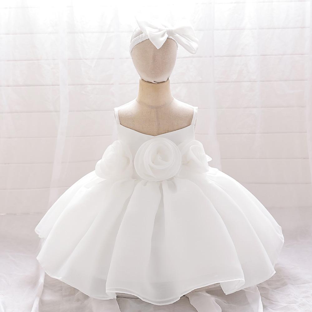 One-Year-Old Baby Princess Dress with 3D Floral Design for Special Events or Piano Performances