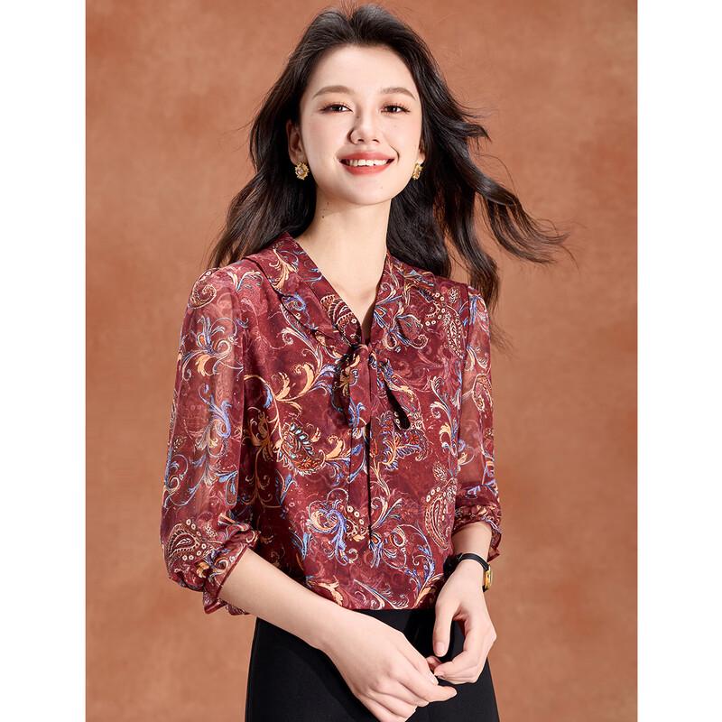 Elegant Iris Print Chiffon Tie-Up Blouse L