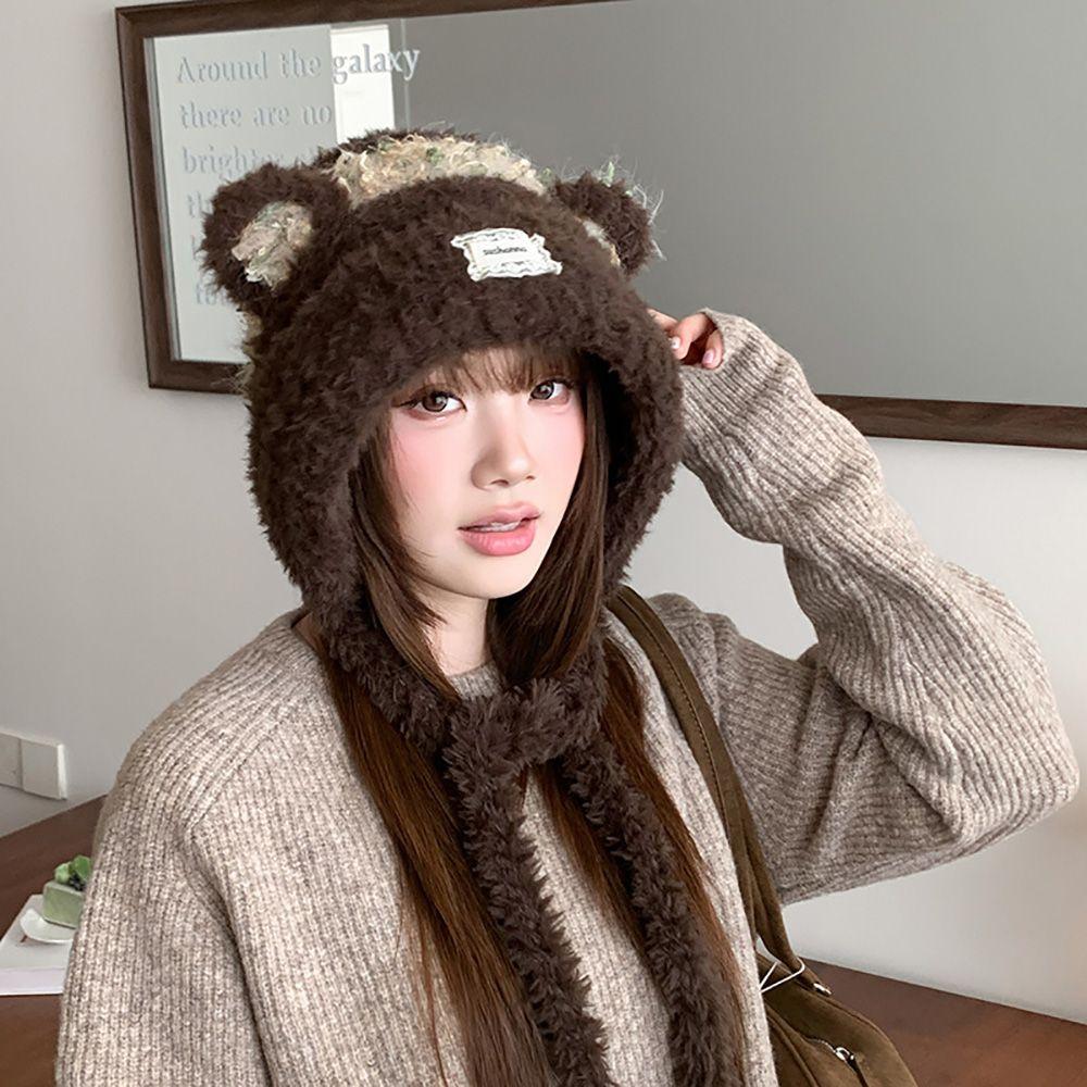 Cartoon Bear Ear Plush Knitted Hat Keep Warm Bear Ears Beanie Lovely Ear Protective Cap For Women