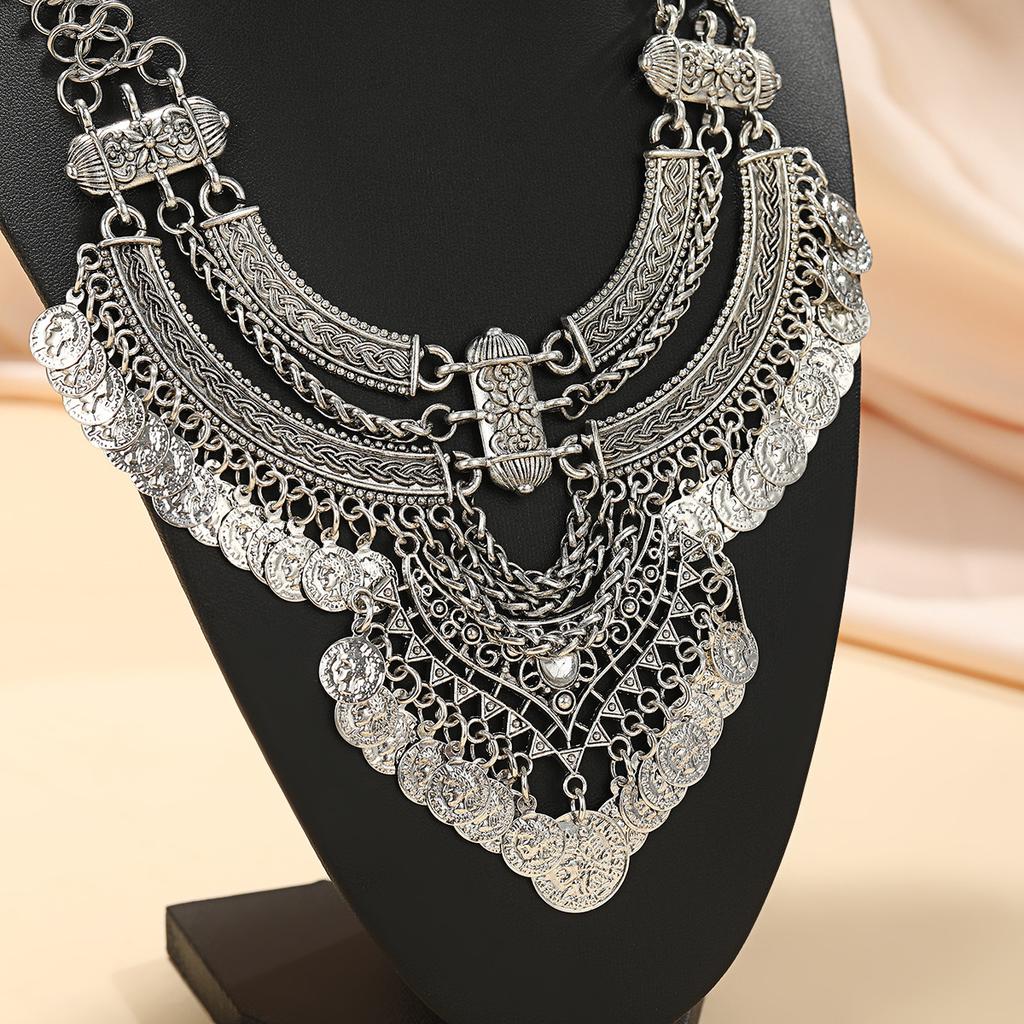 New retro thick chain fashion crescent fringe carved multi-layer pendant collarbone chain earrings