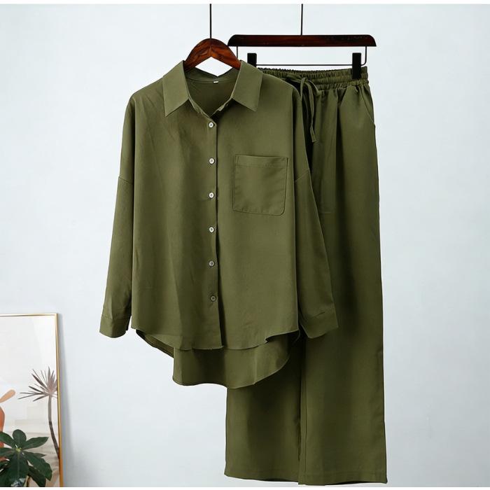 South East Asia Autumn and Winter Large Size Loose Elastic Wrinkle Long Sleeve Shirt Wide Leg Pants Fashion Casual Sports Suit