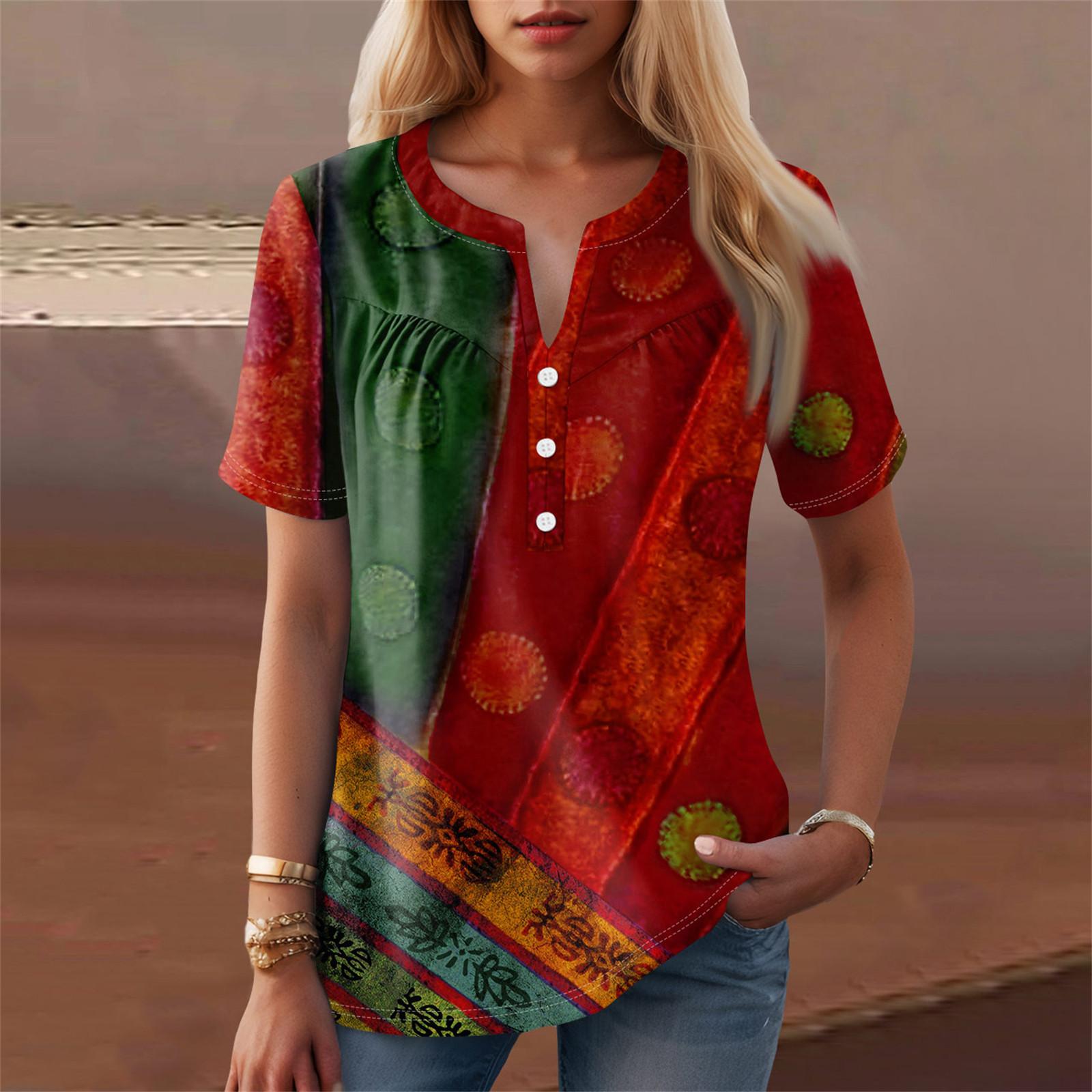 

Женская повседневная футболка с v-образным вырезом и коротким рукавом с цветочным принтом и декоративными пуговицами, топ XXL