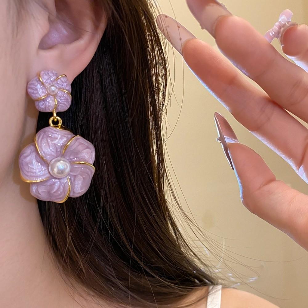 Purple Floral Dangle Earrings Pearl Ear Jewelry Elegant Camellia Flower Earrings Female